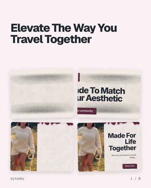 Carousel for By Teddy: "Elevate The Way You Travel Together". Collection carousel, 8 slides, light palette.