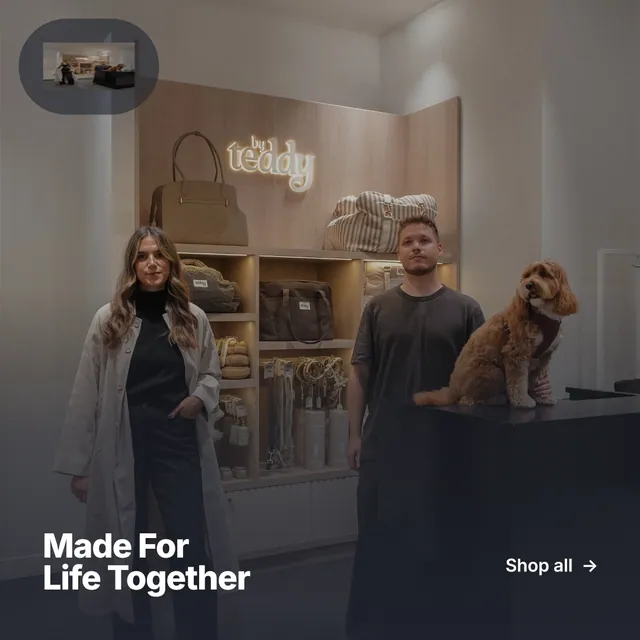 Instagram post for By Teddy: "Made For Life Together". Paper trio style, image led layout, dark palette in black, grey.