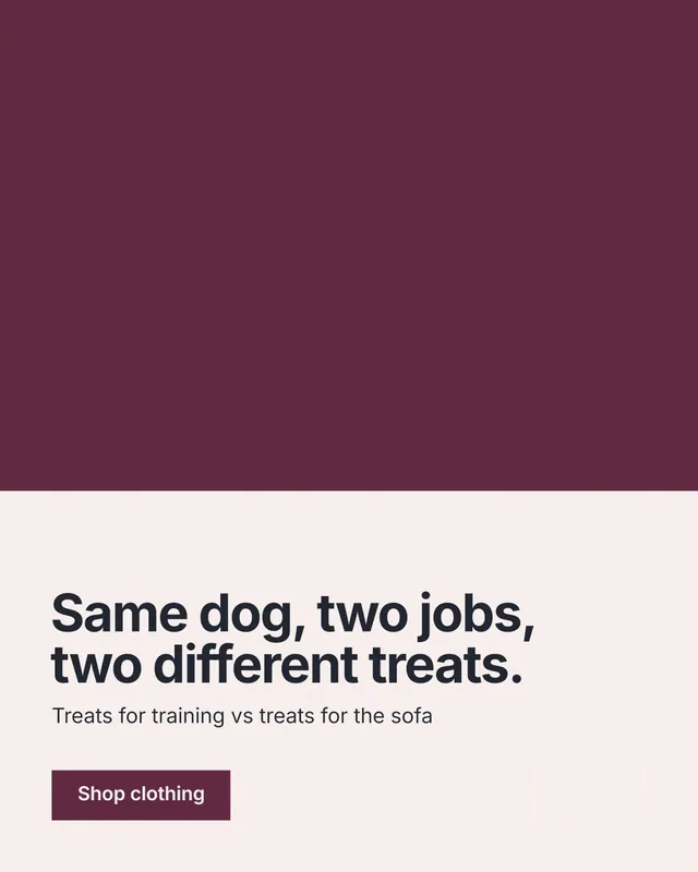 Instagram portrait post for By Teddy: "Same dog, two jobs, two different treats." Swiss style, bottom layout, light palette in red, white.