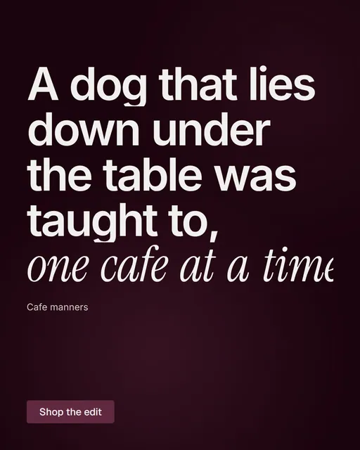 Video for By Teddy: "A dog that lies down under the table was taught to, one cafe at a time.". Kinetic type grid, 8.0 s, dark palette.