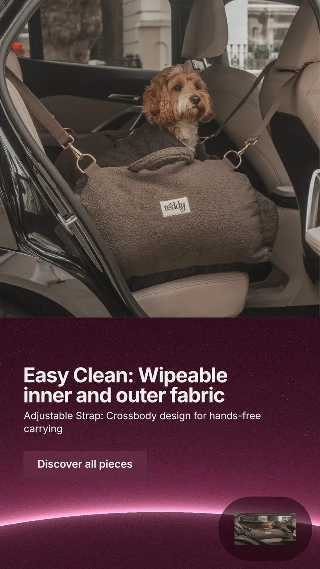 Instagram story for By Teddy: "Easy Clean: Wipeable inner and outer fabric". Swiss style, bottom layout, dark palette in red, grey, pink.