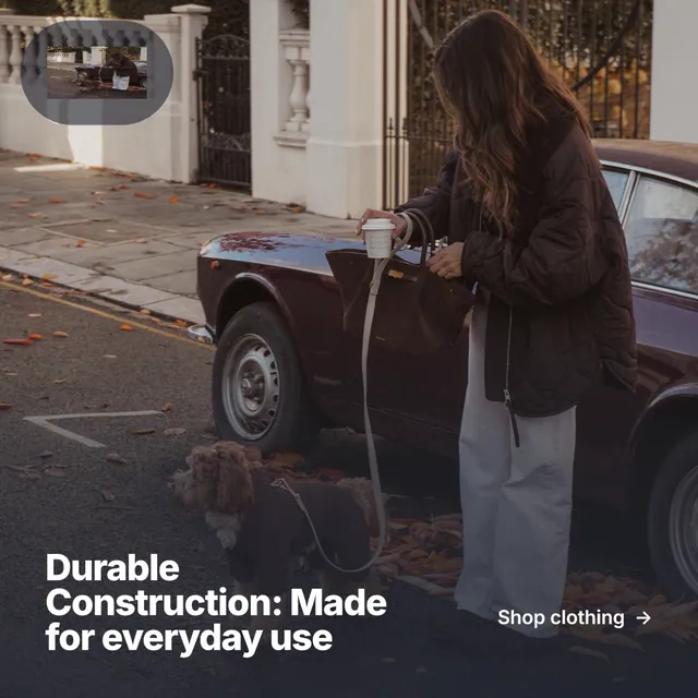 Instagram post for By Teddy: "Durable Construction: Made for everyday use". Paper trio style, image led layout, dark palette in black, grey.