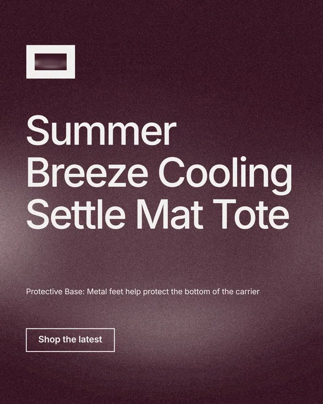 Instagram portrait post for By Teddy: "Summer Breeze Cooling Settle Mat Tote". Cyanotype style, announce layout, dark palette in red, grey.