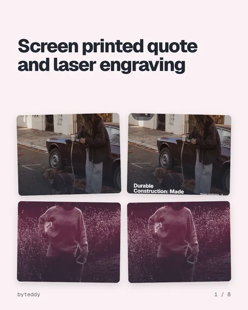 Carousel for By Teddy: "Screen printed quote and laser engraving". Collection carousel, 8 slides, light palette.