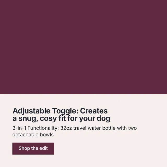 Instagram post for By Teddy: "Adjustable Toggle: Creates a snug, cosy fit for your dog". Swiss style, bottom layout, light palette in red, white, grey.