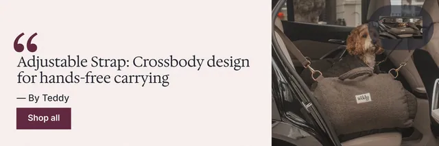 X header for By Teddy: "Adjustable Strap: Crossbody design for hands-free carrying". Swiss style, quote layout, light palette in white, black, grey.