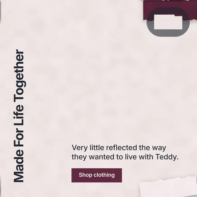Instagram post for By Teddy: "Made For Life Together". Swiss style, vertical layout, light palette in red, grey, white.