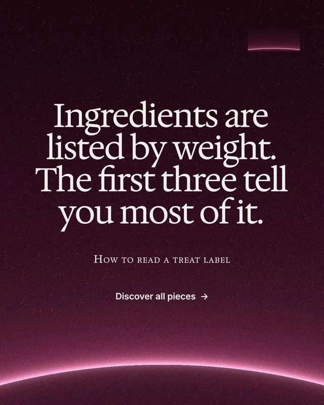 Instagram portrait post for By Teddy: "Ingredients are listed by weight. The first three tell you most of it." Swiss style, smallcaps layout, dark palette in pink, black.