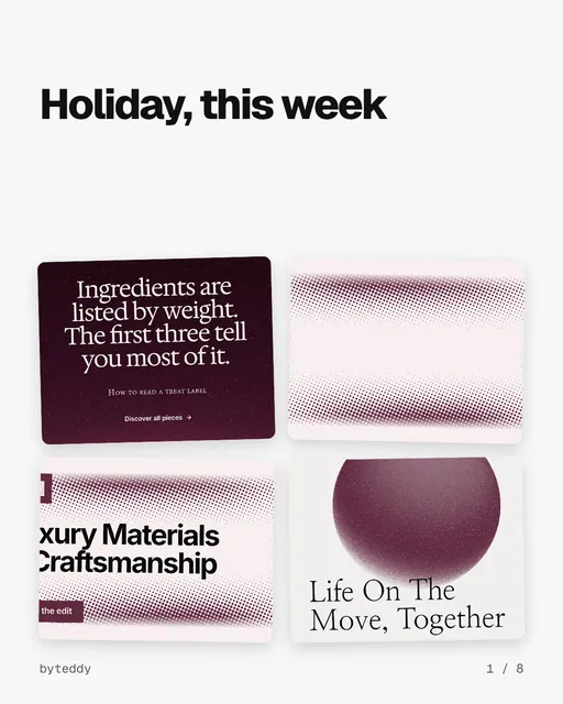 Carousel for By Teddy: "Holiday, this week". Collection carousel, 8 slides, light palette.
