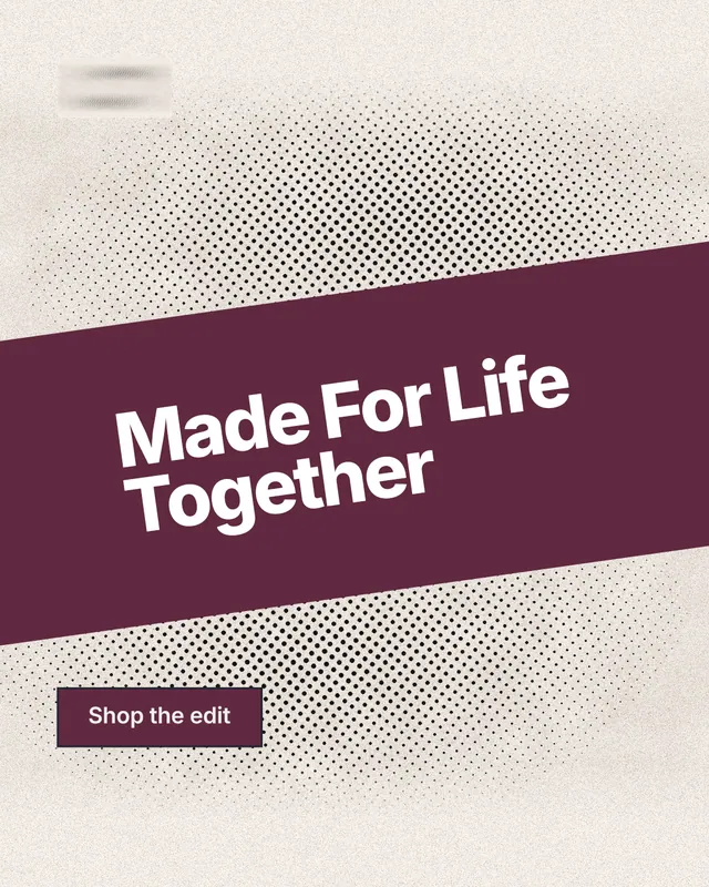 Instagram portrait post for By Teddy: "Made For Life Together". Ink sticker style, diagonal layout, light palette in white, orange, red.