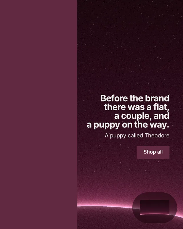 Instagram portrait post for By Teddy: "Before the brand there was a flat, a couple, and a puppy on the way." Swiss style, right layout, dark palette in red, black, pink.