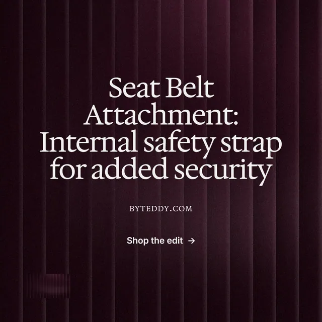 Instagram post for By Teddy: "Seat Belt Attachment: Internal safety strap for added security". Swiss style, smallcaps layout, dark palette in black, pink, grey.