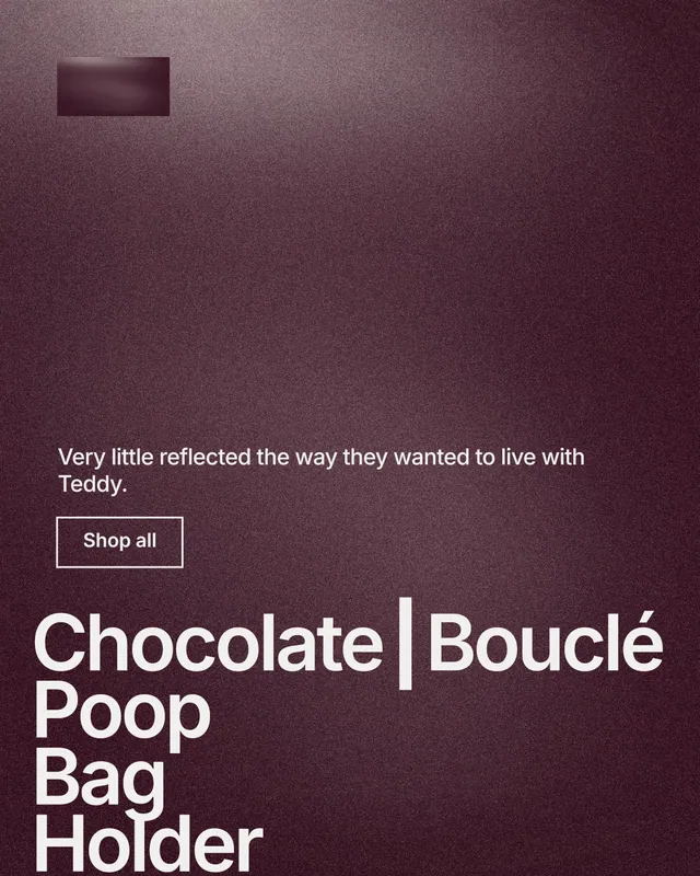 Instagram portrait post for By Teddy: "Chocolate┃Bouclé Poop Bag Holder". Cyanotype style, oversized layout, dark palette in red, grey.