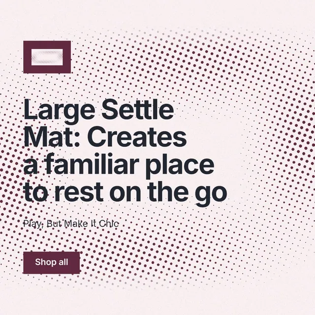 Instagram post for By Teddy: "Large Settle Mat: Creates a familiar place to rest on the go". Swiss style, announce layout, light palette in red, white, grey.