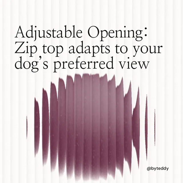 Instagram post for By Teddy: "Adjustable Opening: Zip top adapts to your dog’s preferred view". Auto 1x1 style, technique:shader field layout, light palette in white, red.