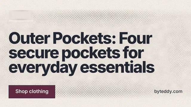 Landscape graphic for By Teddy: "Outer Pockets: Four secure pockets for everyday essentials". Ink sticker style, poster layout, light palette in orange, white, grey.