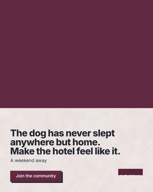 Instagram portrait post for By Teddy: "The dog has never slept anywhere but home. Make the hotel feel like it." Paper trio style, bottom layout, light palette in red, orange, grey.