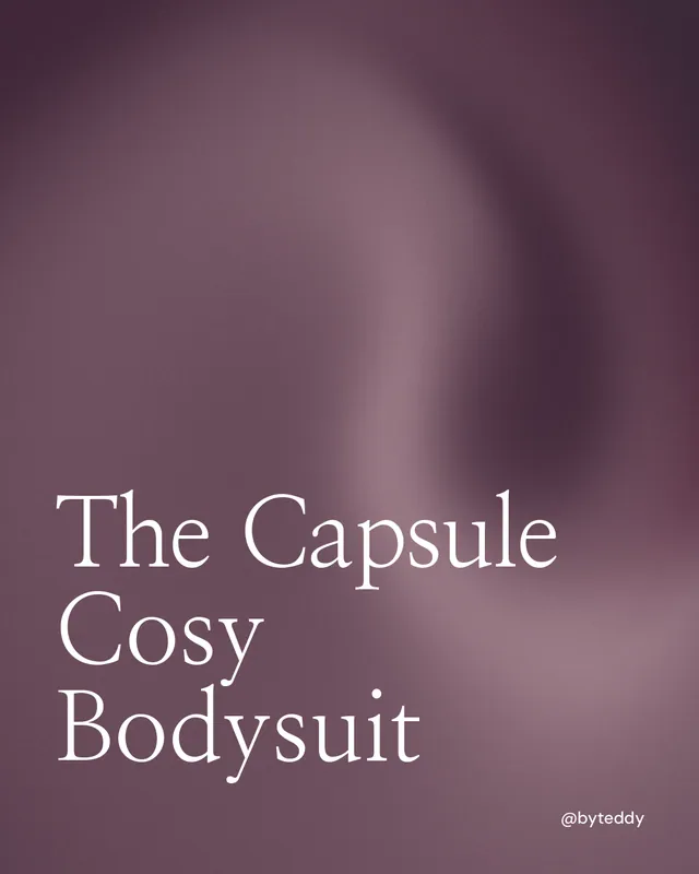 Instagram portrait post for By Teddy: "The Capsule Cosy Bodysuit". Auto 4x5 style, technique:shader field layout, dark palette in grey, pink.