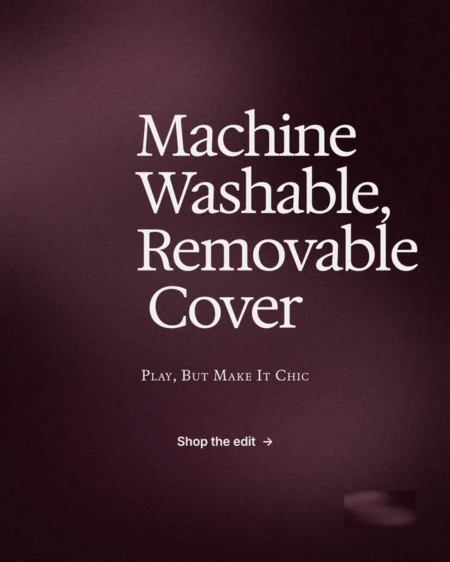Instagram portrait post for By Teddy: "Machine Washable, Removable Cover". Swiss style, smallcaps layout, dark palette in red, black, grey.