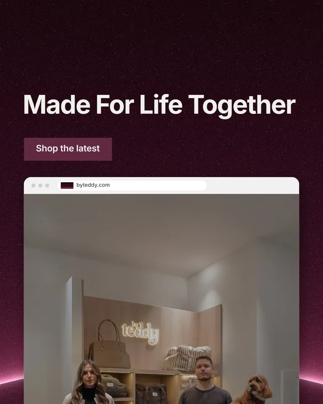 Instagram portrait post for By Teddy: "Made For Life Together". Swiss style, browser layout, dark palette in black, grey, pink.