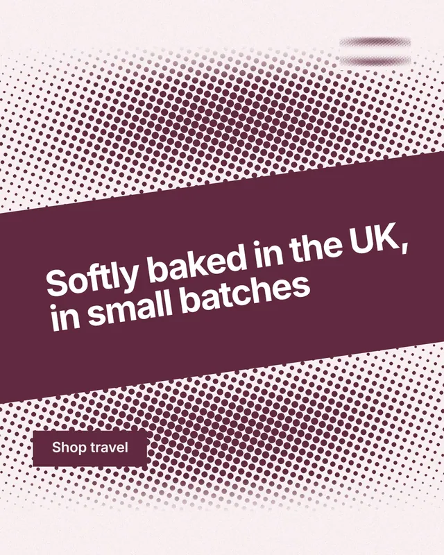 Instagram portrait post for By Teddy: "Softly baked in the UK, in small batches". Swiss style, diagonal layout, light palette in red, grey, white.