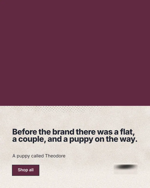 Instagram portrait post for By Teddy: "Before the brand there was a flat, a couple, and a puppy on the way." Ink sticker style, bottom layout, light palette in red, orange, grey.