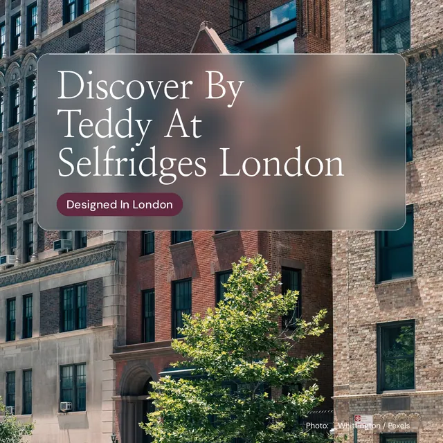 Instagram post for By Teddy: "Discover By Teddy At Selfridges London". Glass style, technique:pexels ingredient layout, dark palette in grey, black.