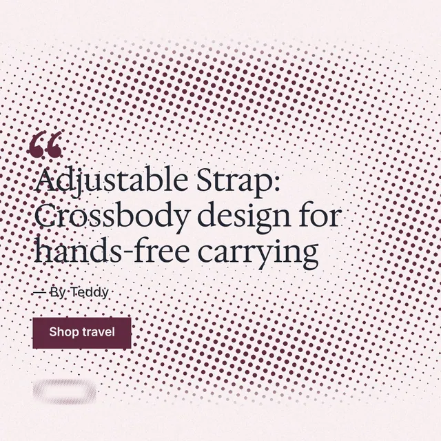 Instagram post for By Teddy: "Adjustable Strap: Crossbody design for hands-free carrying". Swiss style, quote layout, light palette in red, white, grey.