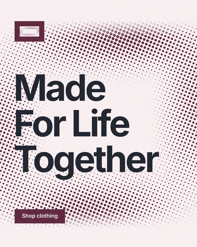 Instagram portrait post for By Teddy: "Made For Life Together". Swiss style, announce layout, light palette in red, white, grey.