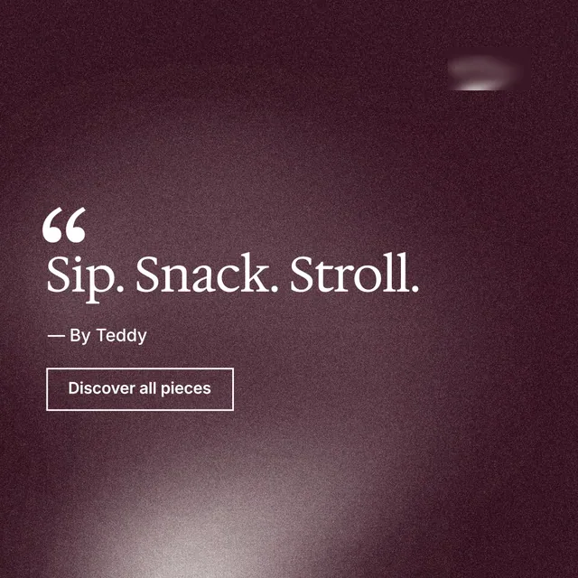 Instagram post for By Teddy: "Sip. Snack. Stroll." Cyanotype style, quote layout, dark palette in red, grey.