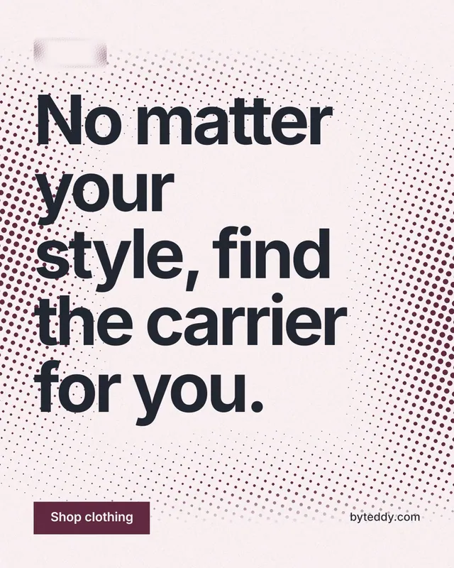 Instagram portrait post for By Teddy: "No matter your style, find the carrier for you." Swiss style, poster layout, light palette in white, red, grey.