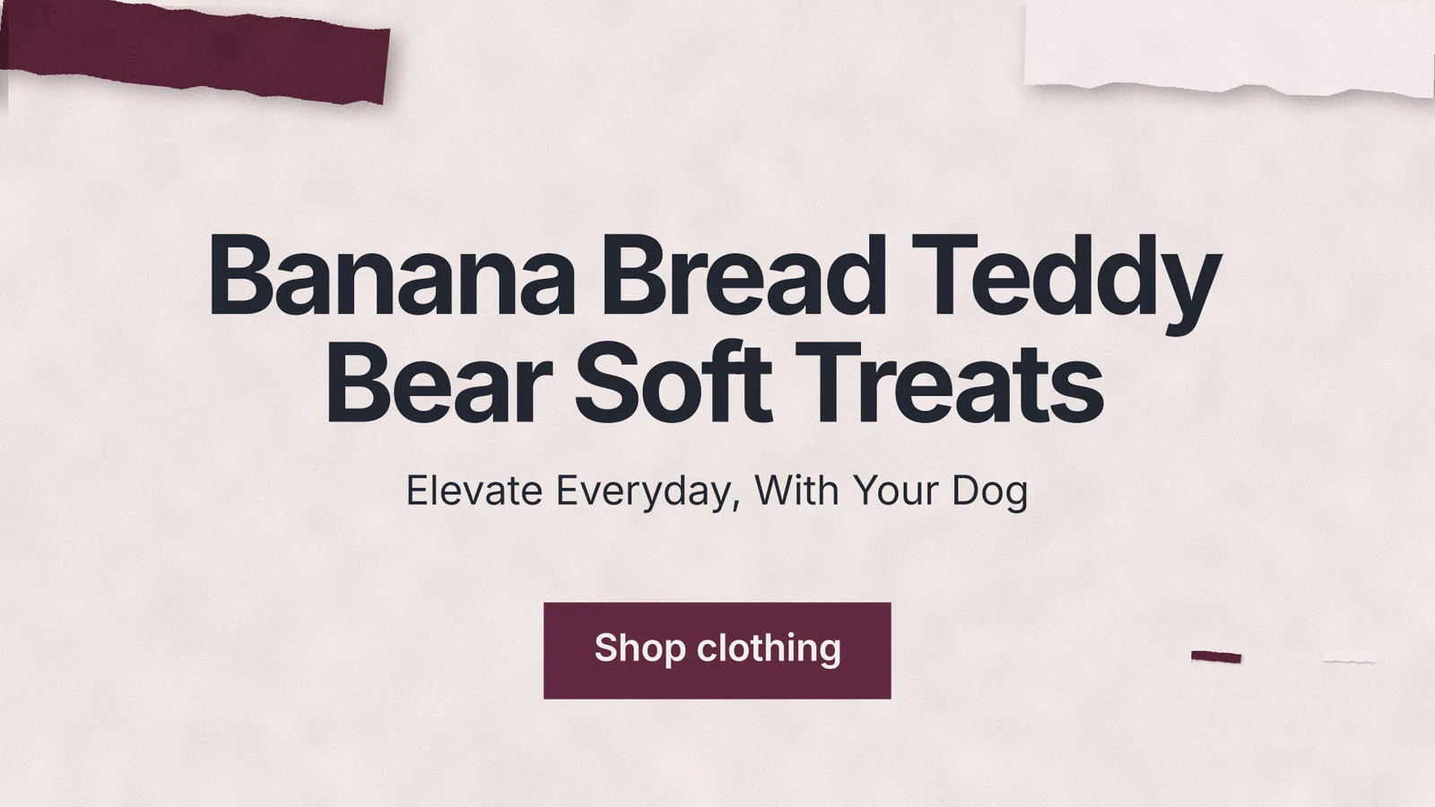 Landscape graphic for By Teddy: "Banana Bread Teddy Bear Soft Treats". Swiss style, centred layout, light palette in red, grey, white.