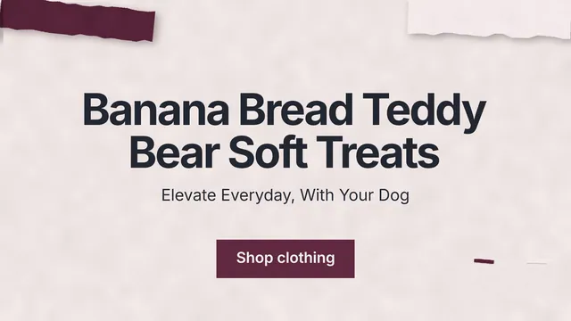 Landscape graphic for By Teddy: "Banana Bread Teddy Bear Soft Treats". Swiss style, centred layout, light palette in red, grey, white.