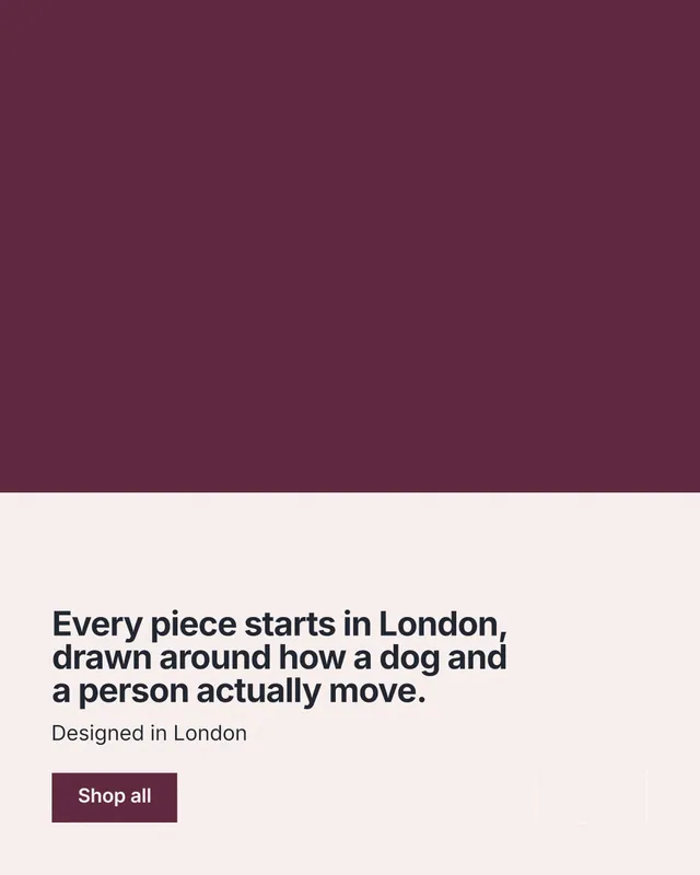 Instagram portrait post for By Teddy: "Every piece starts in London, drawn around how a dog and a person actually move." Swiss style, bottom layout, light palette in red, white, grey.