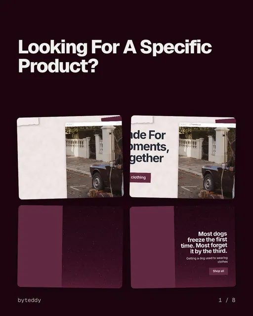 Carousel for By Teddy: "Looking For A Specific Product?". Collection carousel, 8 slides, dark palette.