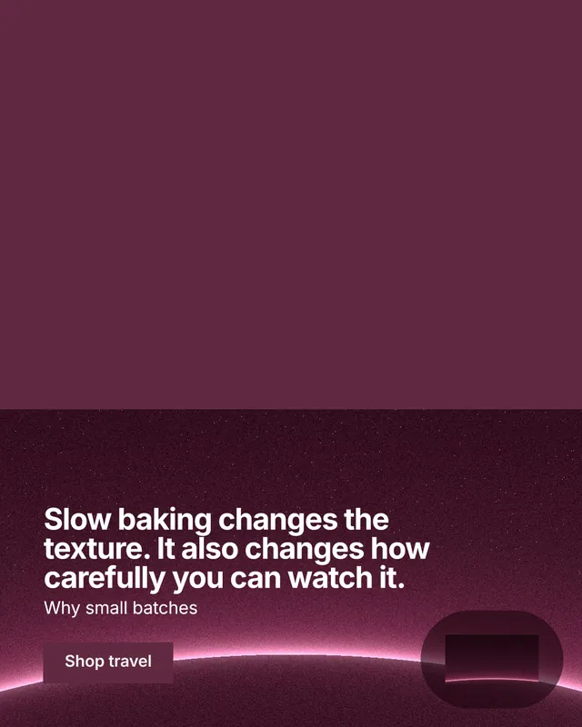 Instagram portrait post for By Teddy: "Slow baking changes the texture. It also changes how carefully you can watch it." Swiss style, bottom layout, dark palette in red, pink.