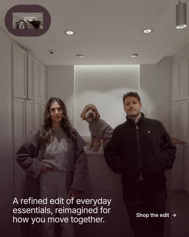 Instagram portrait post for By Teddy: "A refined edit of everyday essentials, reimagined for how you move together." Film still style, image led layout, dark palette in black, grey.