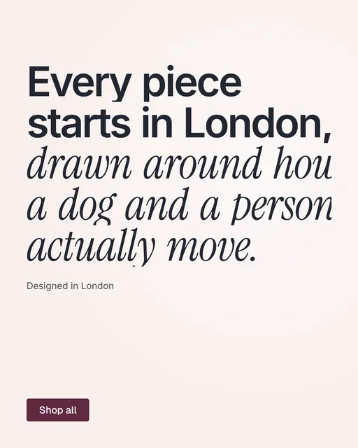 Video for By Teddy: "Every piece starts in London, drawn around how a dog and a person actually move.". Doc motion loop, 7.0 s, light palette.