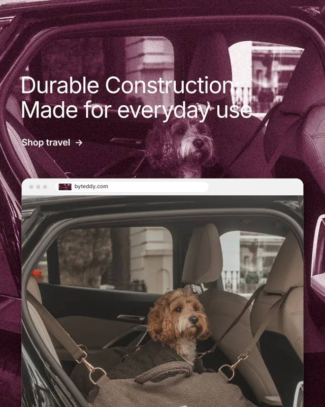 Instagram portrait post for By Teddy: "Durable Construction: Made for everyday use". Film still style, browser layout, dark palette in grey, pink, black.