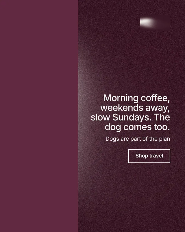 Instagram portrait post for By Teddy: "Morning coffee, weekends away, slow Sundays. The dog comes too." Cyanotype style, right layout, dark palette in red, grey.