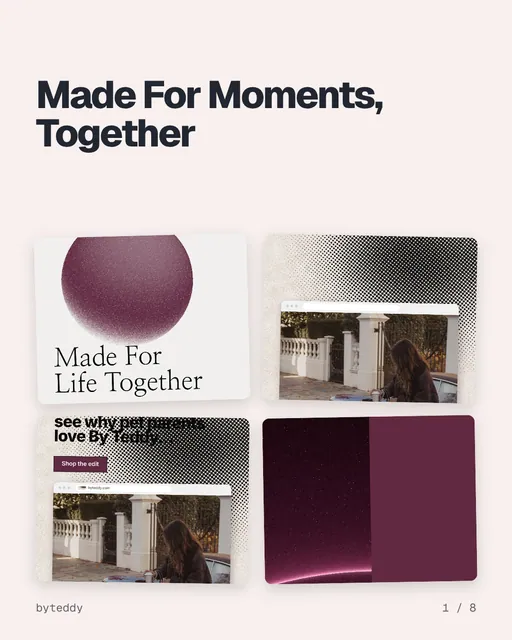 Carousel for By Teddy: "Made For Moments, Together". Collection carousel, 8 slides, light palette.