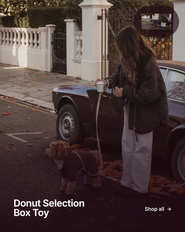 Instagram portrait post for By Teddy: "Donut Selection Box Toy". Swiss style, image led layout, dark palette in black, grey, red.