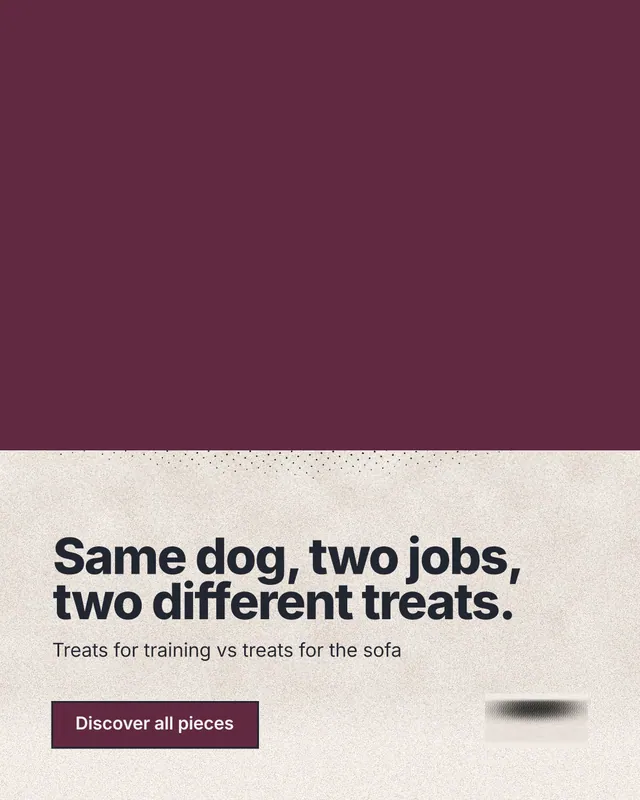Instagram portrait post for By Teddy: "Same dog, two jobs, two different treats." Ink sticker style, bottom layout, light palette in red, orange.
