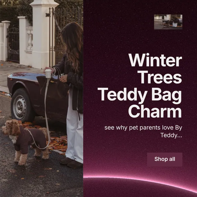 Instagram post for By Teddy: "Winter Trees Teddy Bag Charm". Swiss style, right layout, dark palette in black, red, grey.