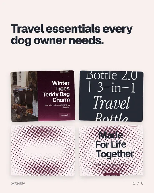 Carousel for By Teddy: "Travel essentials every dog owner needs.". Collection carousel, 8 slides, light palette.