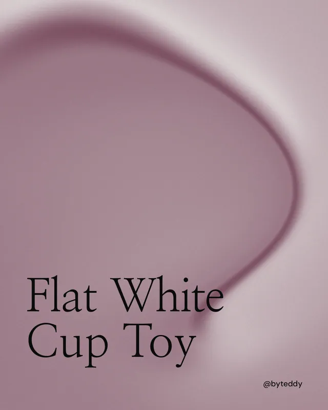 Instagram portrait post for By Teddy: "Flat White Cup Toy". Auto 4x5 style, technique:shader field layout, light palette in grey.
