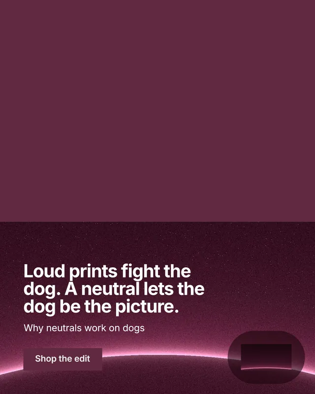 Instagram portrait post for By Teddy: "Loud prints fight the dog. A neutral lets the dog be the picture." Swiss style, bottom layout, dark palette in red, pink.