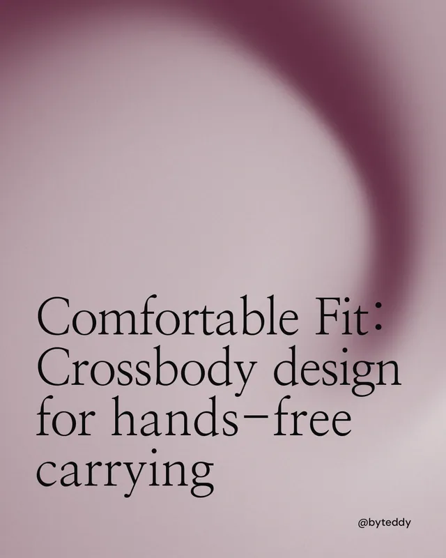 Instagram portrait post for By Teddy: "Comfortable Fit: Crossbody design for hands-free carrying". Auto 4x5 style, technique:shader field layout, light palette in grey.