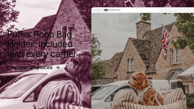 Landscape graphic for By Teddy: "Puffer Poop Bag Holder: Included with every carrier". Film still style, browser layout, light palette in grey, red, white.