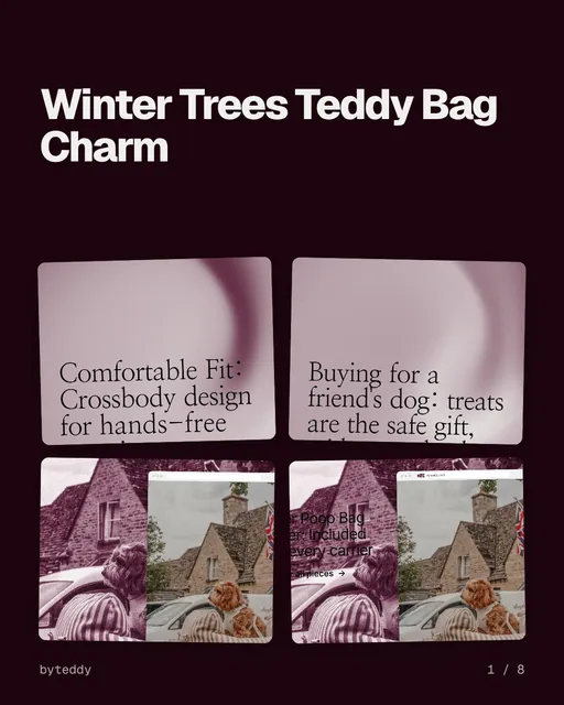 Carousel for By Teddy: "Winter Trees Teddy Bag Charm". Collection carousel, 8 slides, dark palette.